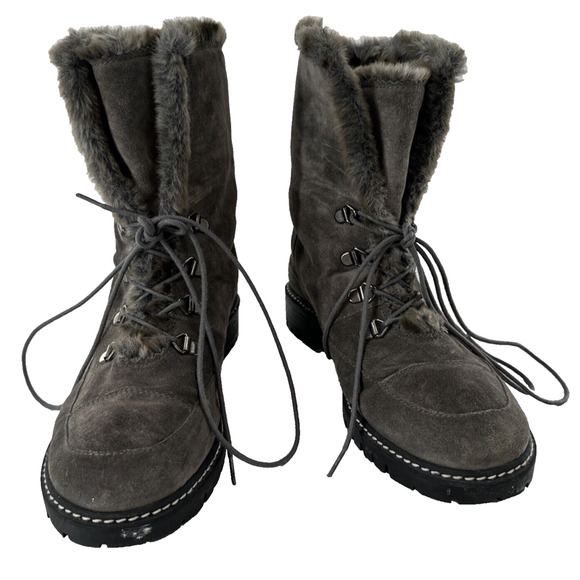Stuart Weitzman Designer Gray Suede‎ Faux Fur Lined Boots 7.5 Combat Mark on Toe - Picture 1 of 12